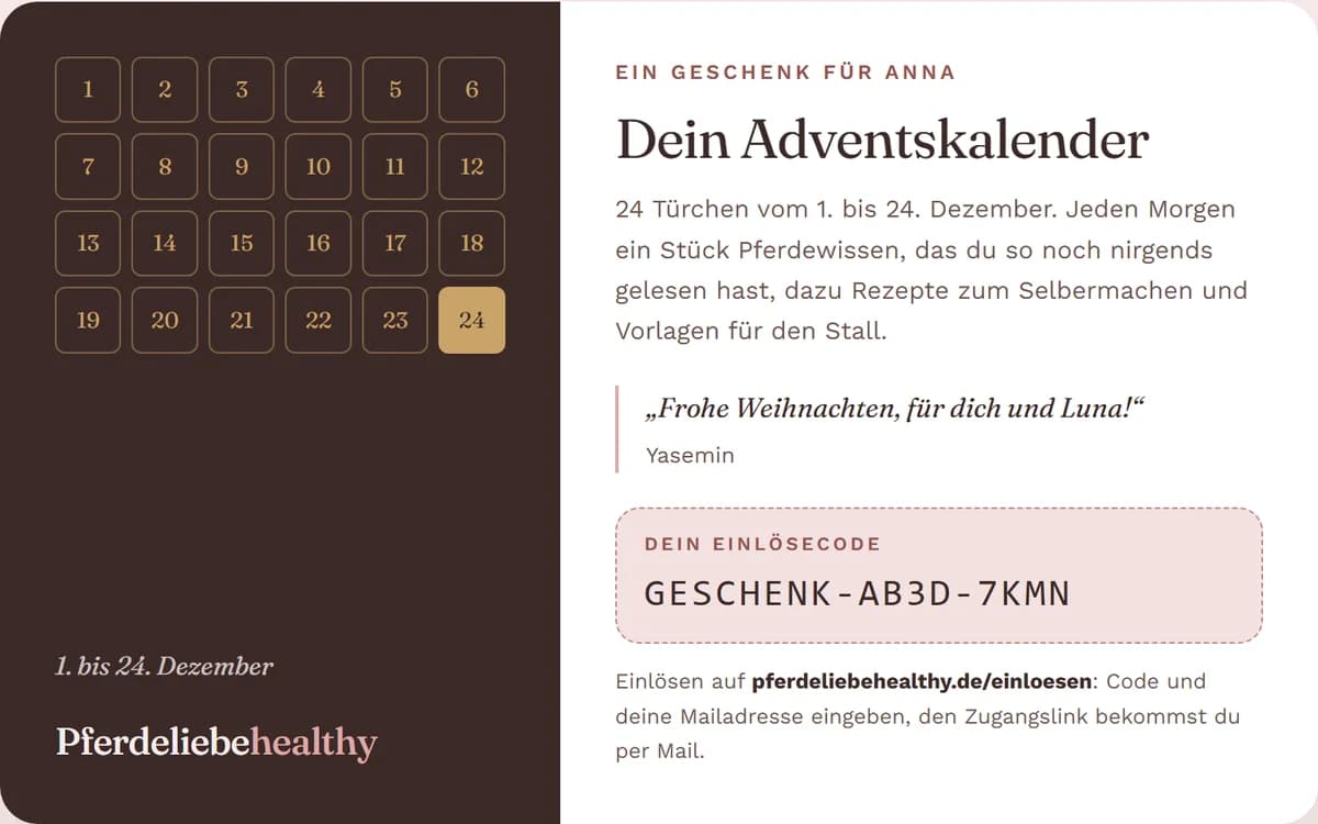 Die Geschenkkarte: links ein Raster aus 24 goldenen Feldern, rechts Gruß und Einlösecode