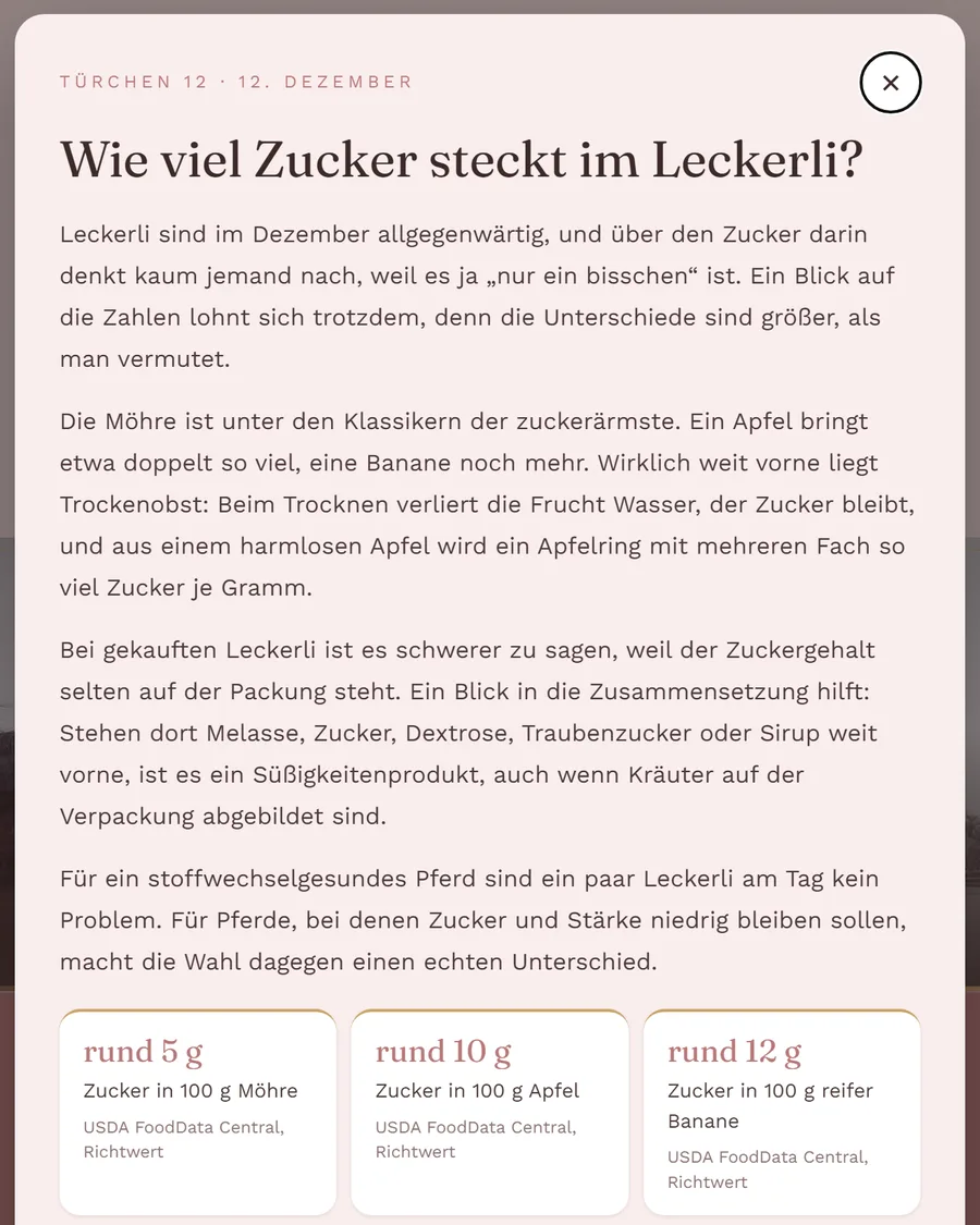 Ein geöffnetes Türchen mit Text und einer Tabelle zum Zuckergehalt