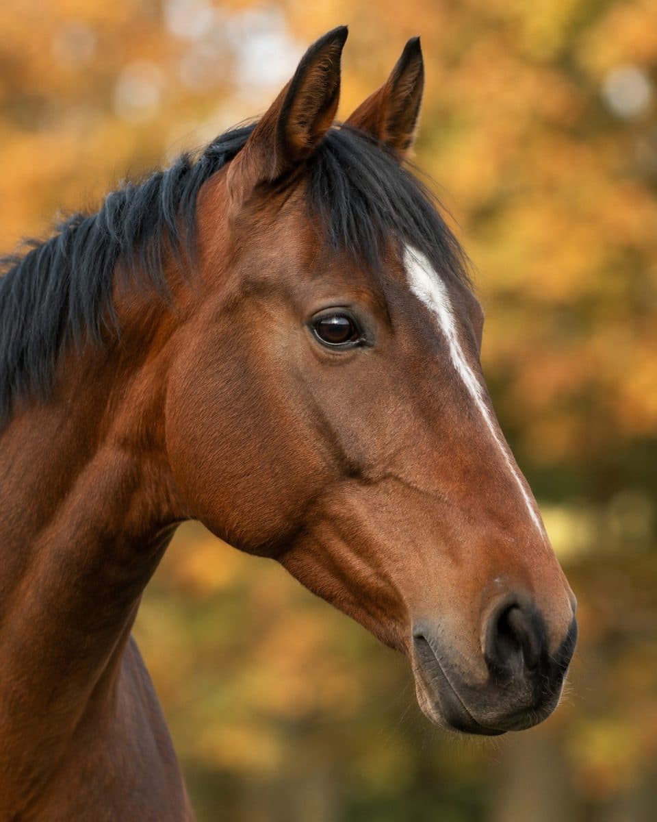 Brauner Pferdekopf im Profil vor Herbstlaub