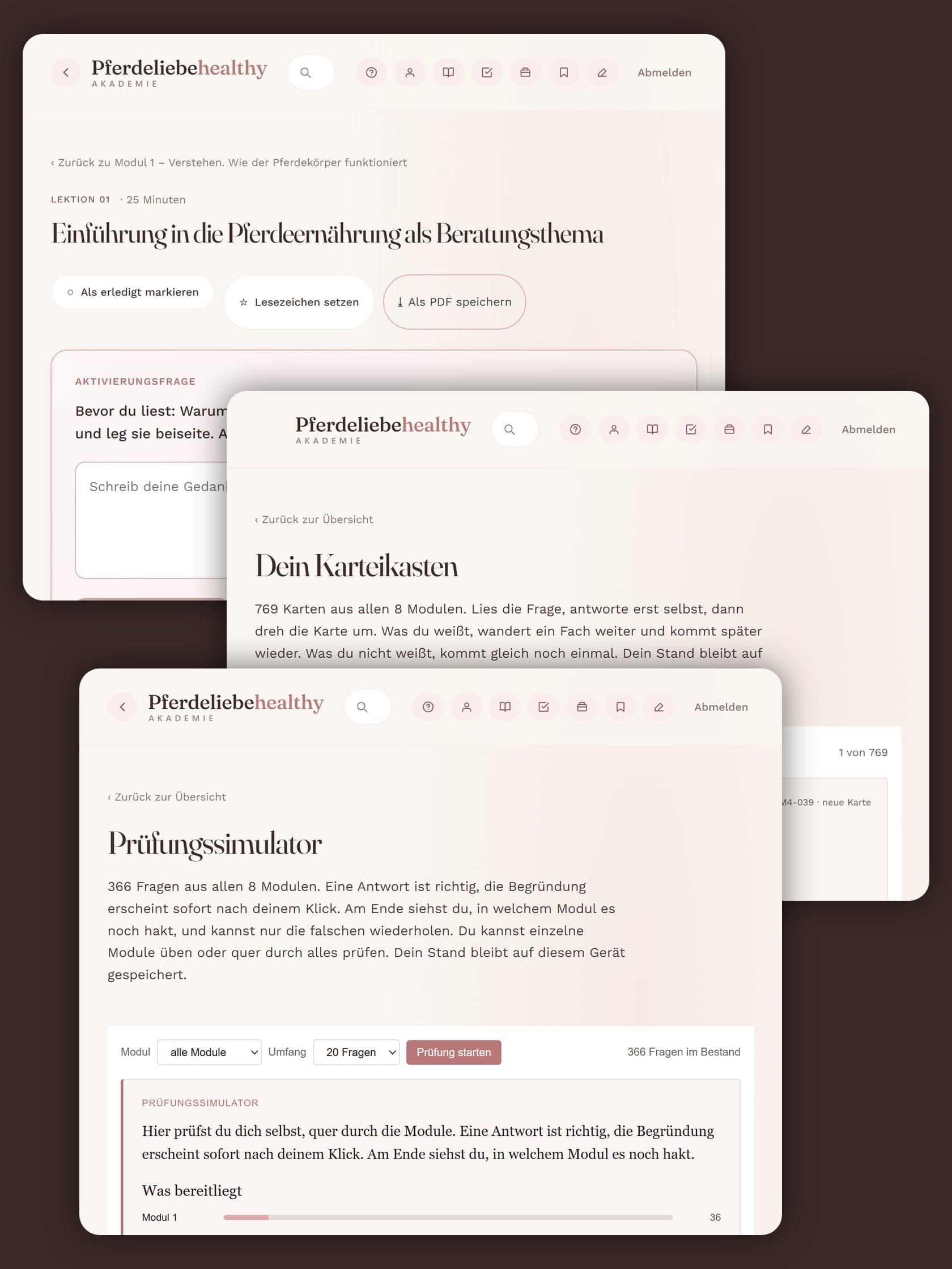 Blick in die Akademie: eine Lektion der Ausbildung, der Karteikasten und der Prüfungssimulator