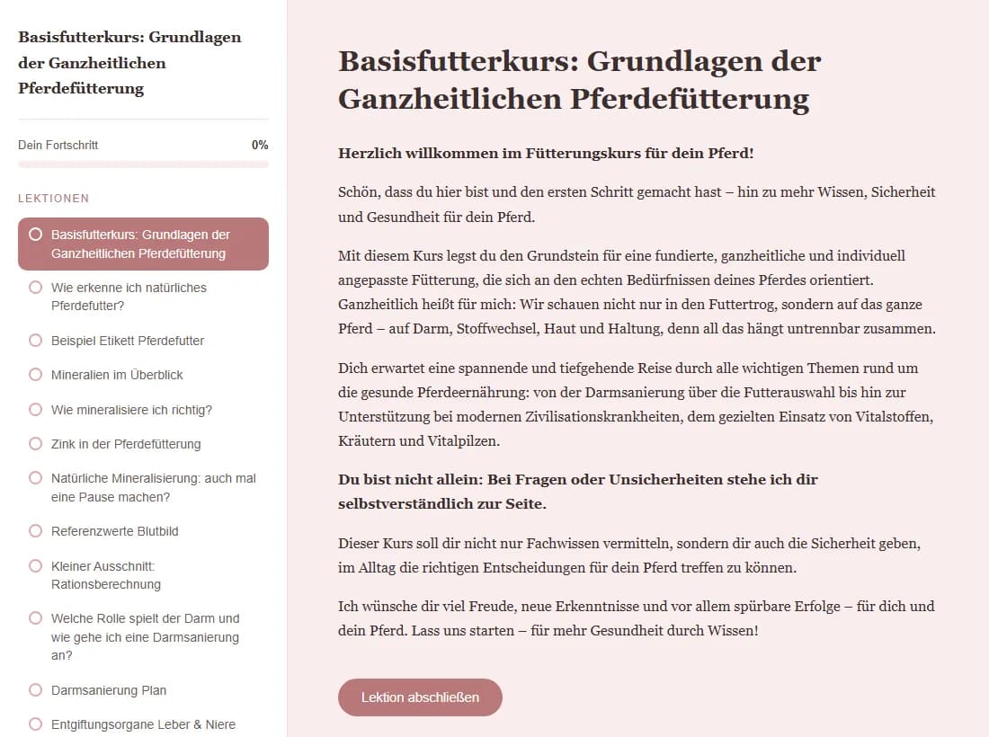 Der Basisfutterkurs mit der Lektionsliste links und dem Willkommenstext rechts