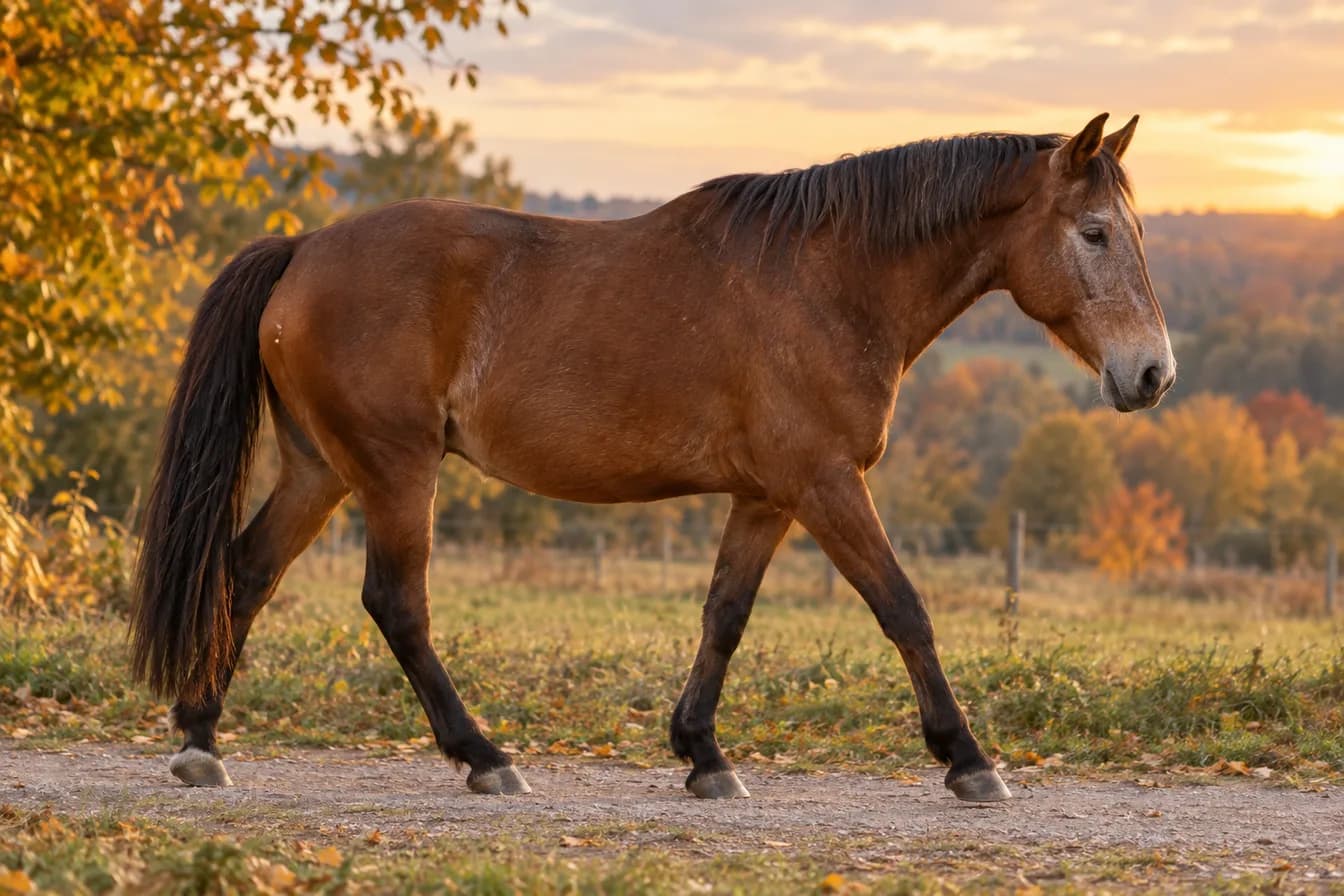 Ein älteres braunes Pferd mit grauen Haaren im Gesicht geht im Schritt über einen Feldweg, im Hintergrund Herbstlaub und Abendsonne.