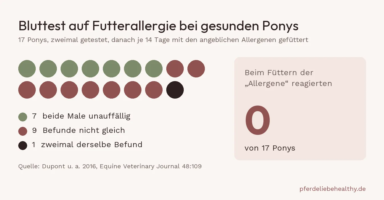 Grafik zu einer Studie mit 17 gesunden Ponys: Beim zweimaligen Bluttest auf Futterallergie waren 7 beide Male unauffällig, bei 9 waren die Befunde nicht gleich, nur eines hatte zweimal denselben Befund. Beim Füttern der angeblichen Allergene reagierte keines.