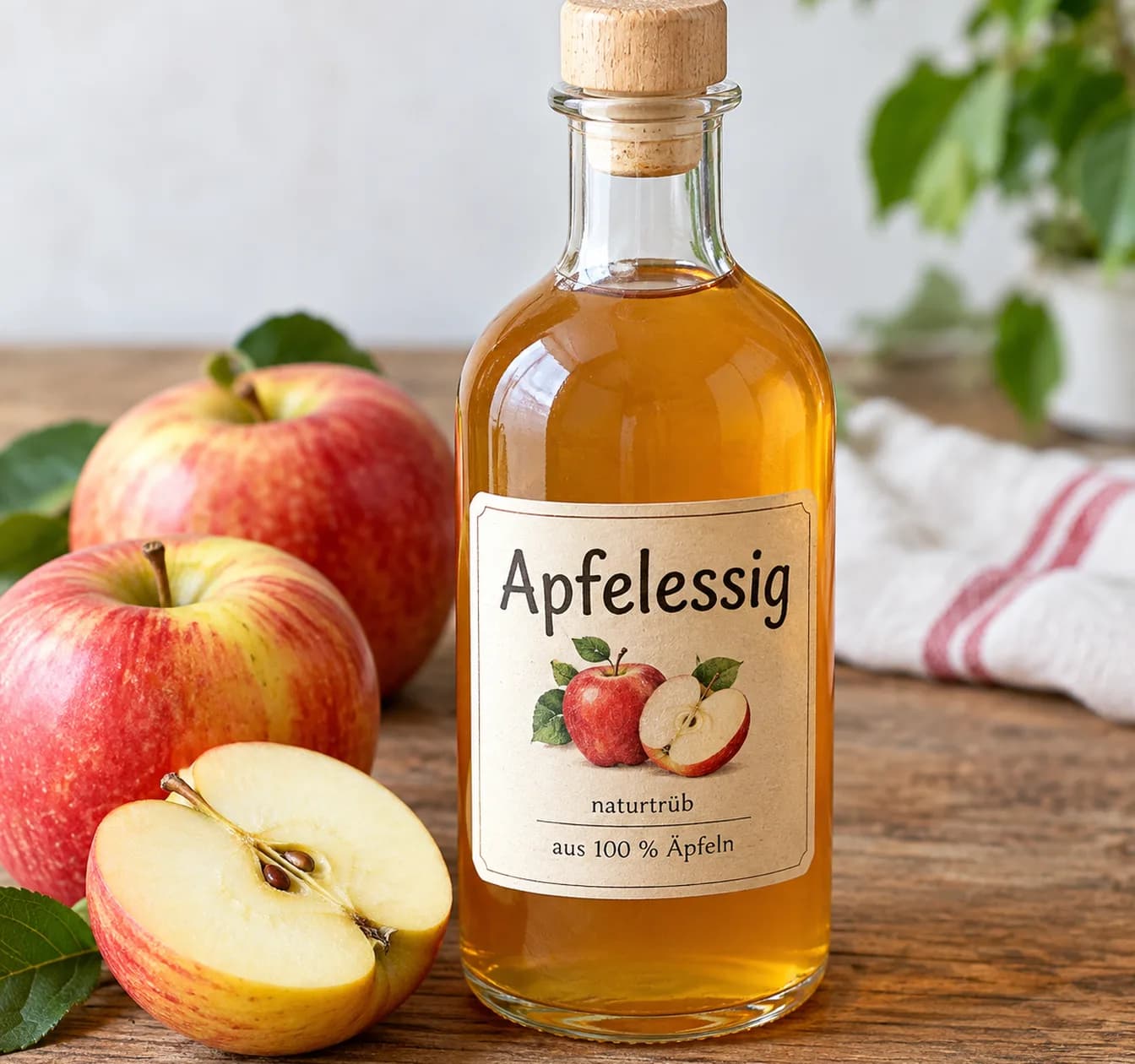 Eine Flasche naturtrüber Apfelessig mit Korken auf einem Holztisch, daneben rote Äpfel und ein halbierter Apfel.
