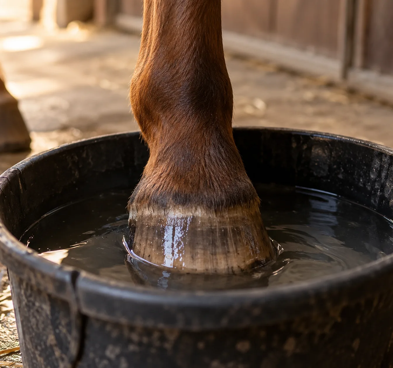 Ein Huf im Wassereimer: Sohle und Strahl nehmen das Wasser auf, die Hufwand kaum.