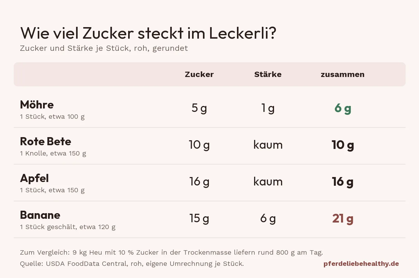 Tabelle: Zucker und Stärke je Stück roh. Möhre 6 g, Rote Bete 10 g, Apfel 16 g, Banane 21 g. Zum Vergleich liefern 9 kg Heu rund 800 g Zucker am Tag.