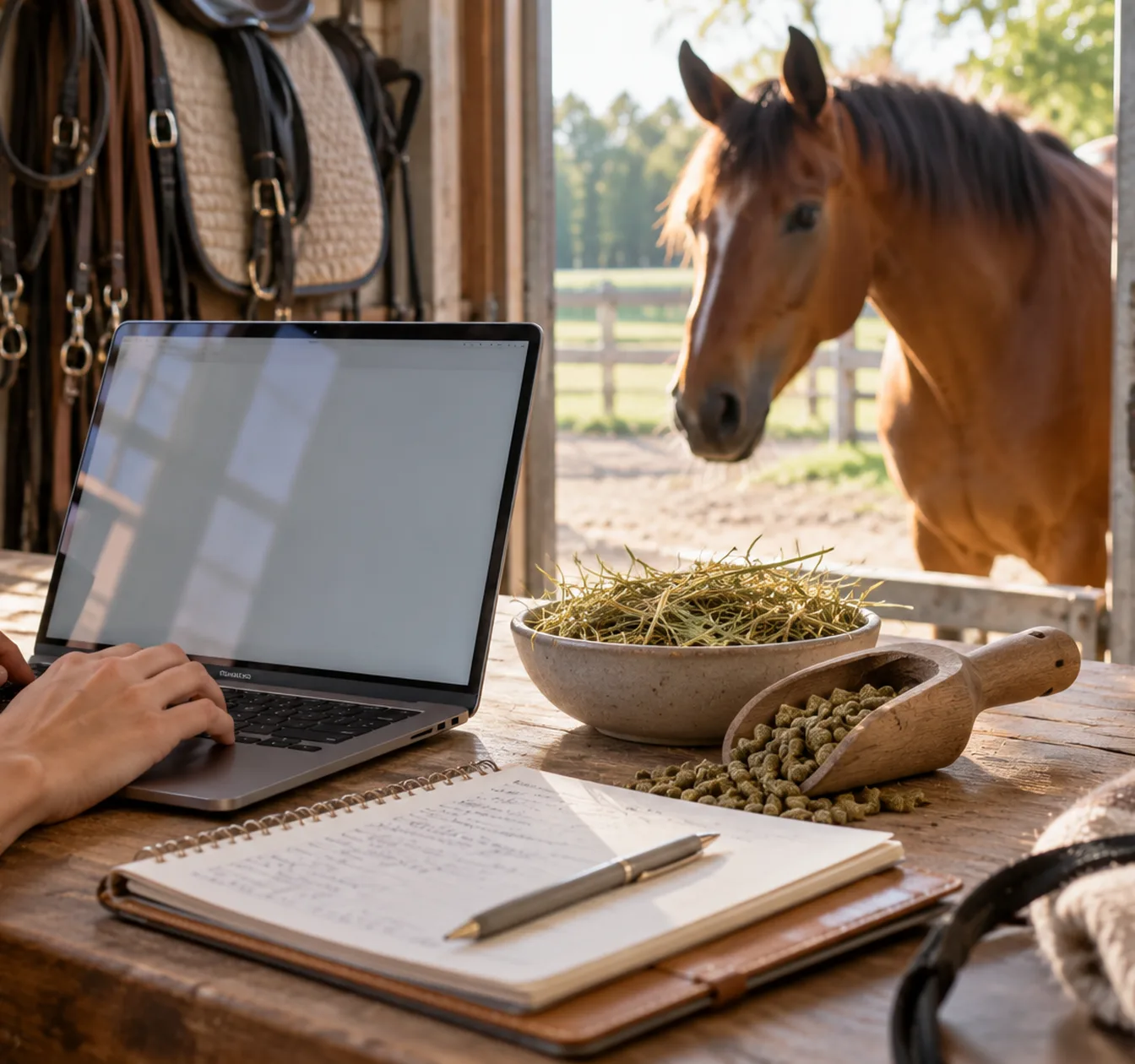 Laptop und Notizblock auf einem Holztisch im Stall, daneben eine Schale Heu und eine Futterschaufel mit Pellets, im Hintergrund schaut ein braunes Pferd durch die Stalltür