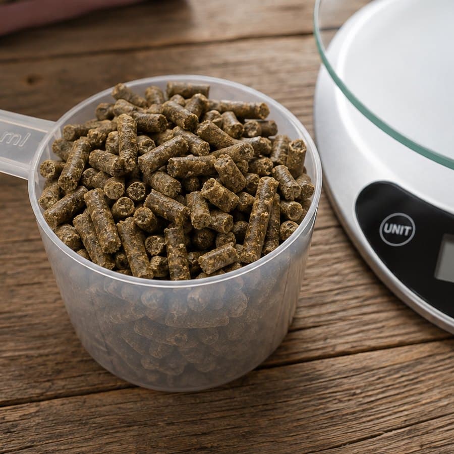 Messbecher mit Pellets neben einer Küchenwaage