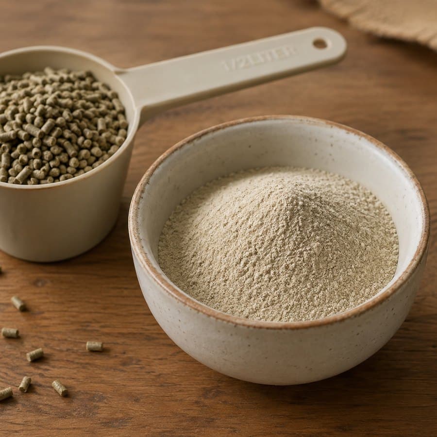 Schale mit Mineralpulver neben einem Messbecher mit Pellets
