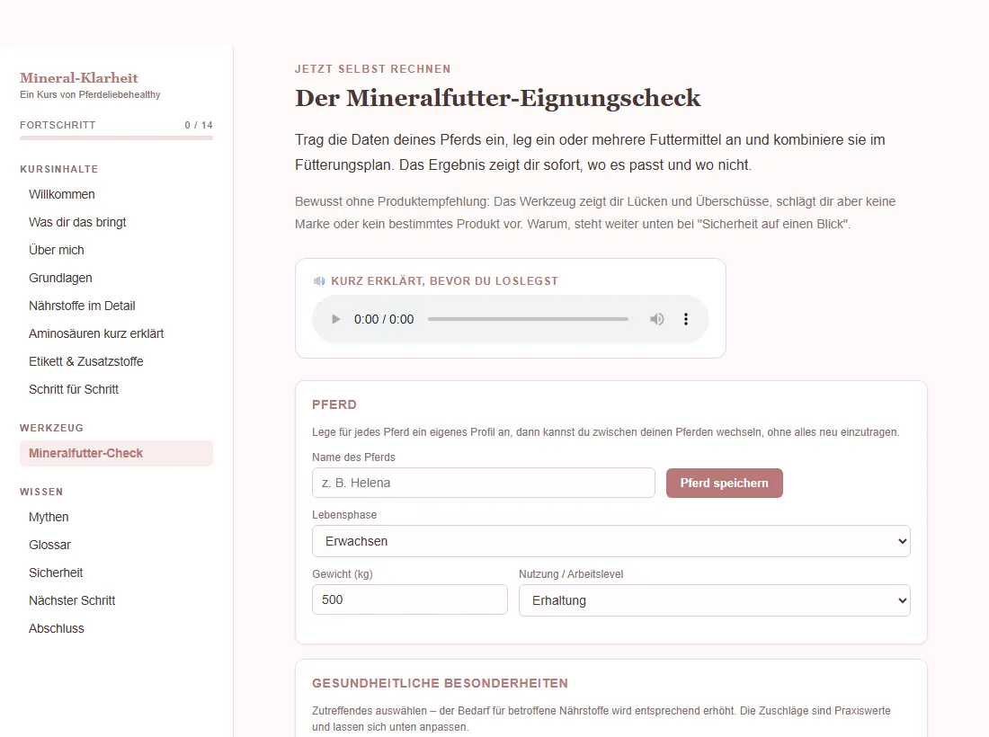 Der Mineralfutter-Eignungscheck im Kurs, mit Eingabefeldern für Gewicht und Lebensphase