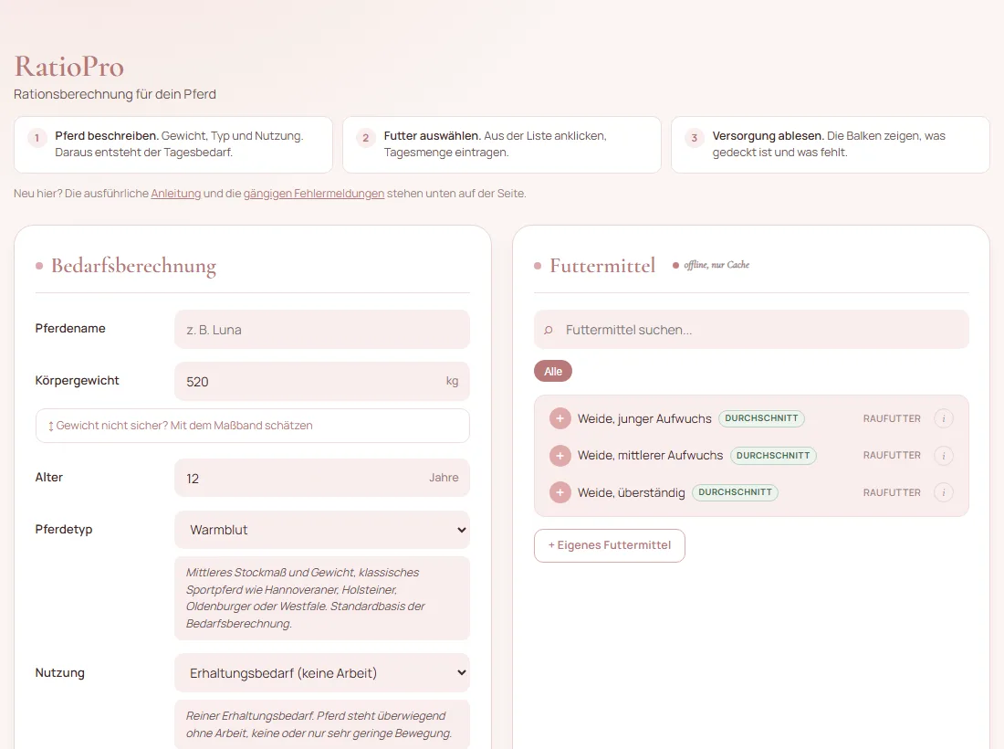 RatioPro mit Bedarfsberechnung links und der Futtermittelliste rechts