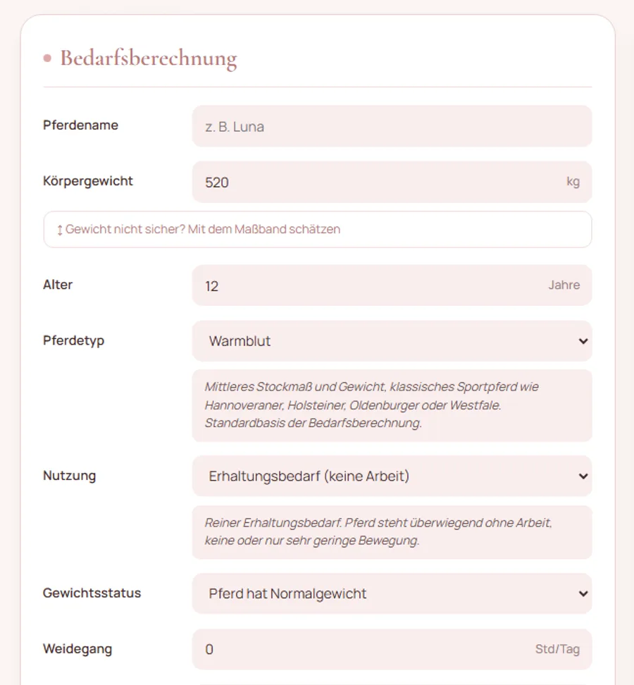 Die Bedarfsberechnung in RatioPro mit Gewicht, Alter, Pferdetyp und Nutzung