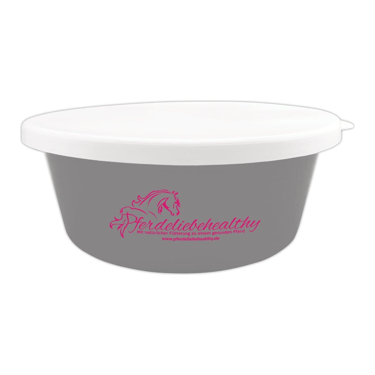 Graue Futterschüssel mit weißem Deckel und rosa Pferdeliebehealthy-Aufdruck
