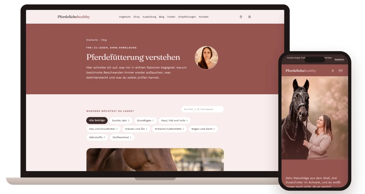 pferdeliebehealthy.de am Laptop und am Handy
