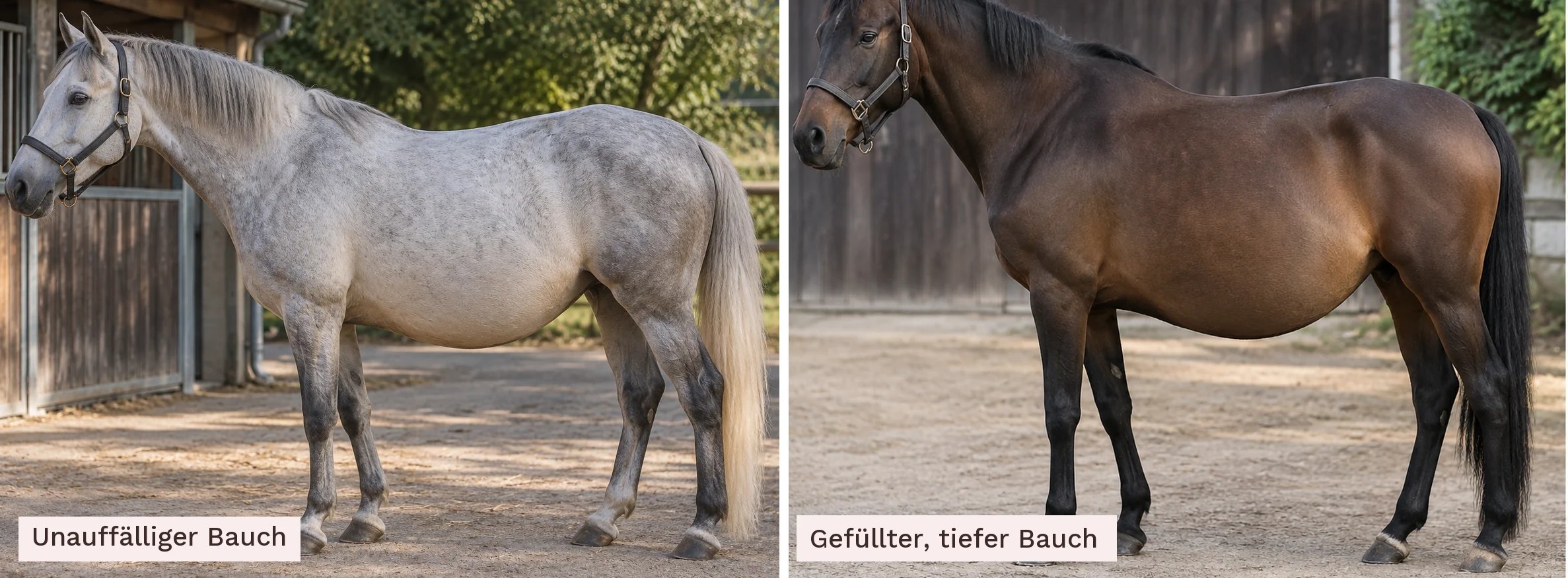 Zwei Pferde im Vergleich, links eine unauffällige Bauchlinie, rechts eine tiefere und vollere