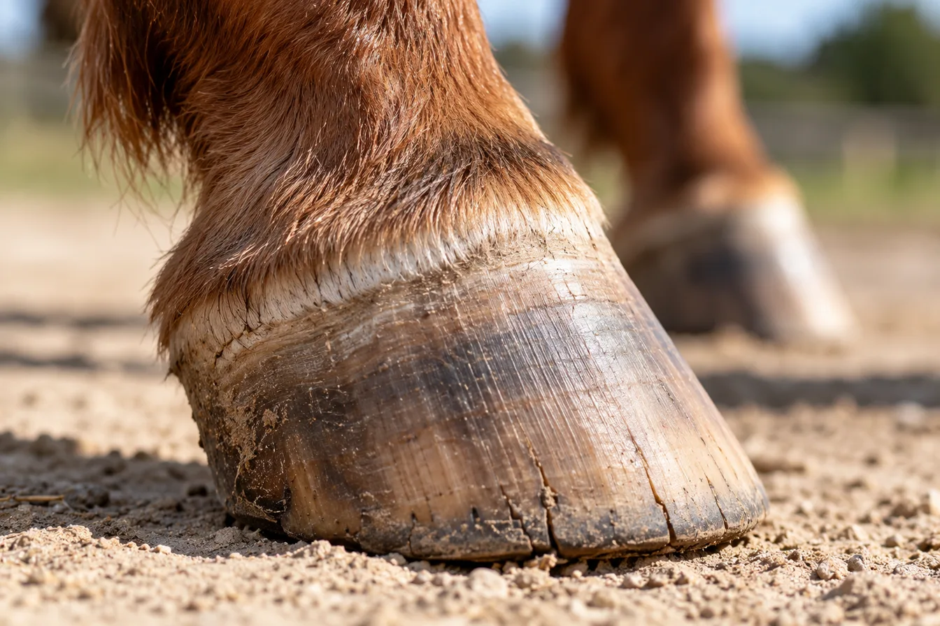 Trockener, unbeschlagener Huf auf sandigem Boden, mit Wachstumsringen und kleinen Rissen am unteren Tragrand