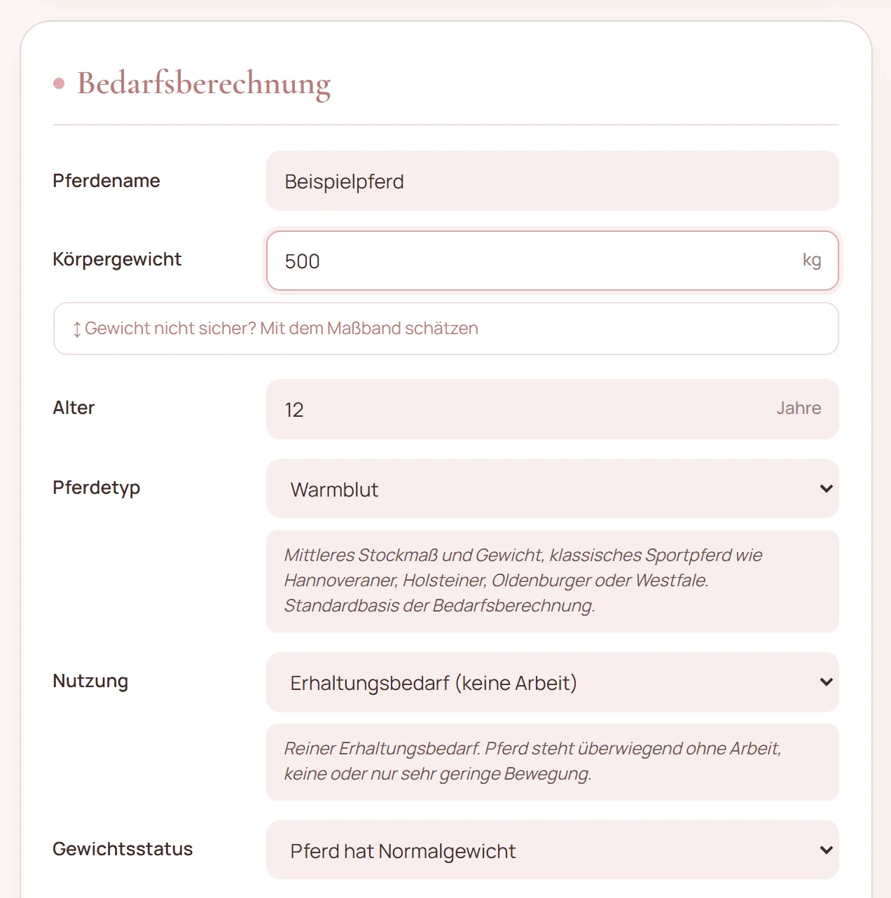 RatioPro, Bereich Bedarfsberechnung: Beispielpferd mit 500 kg Körpergewicht, 12 Jahre, Warmblut, Erhaltungsbedarf, Normalgewicht