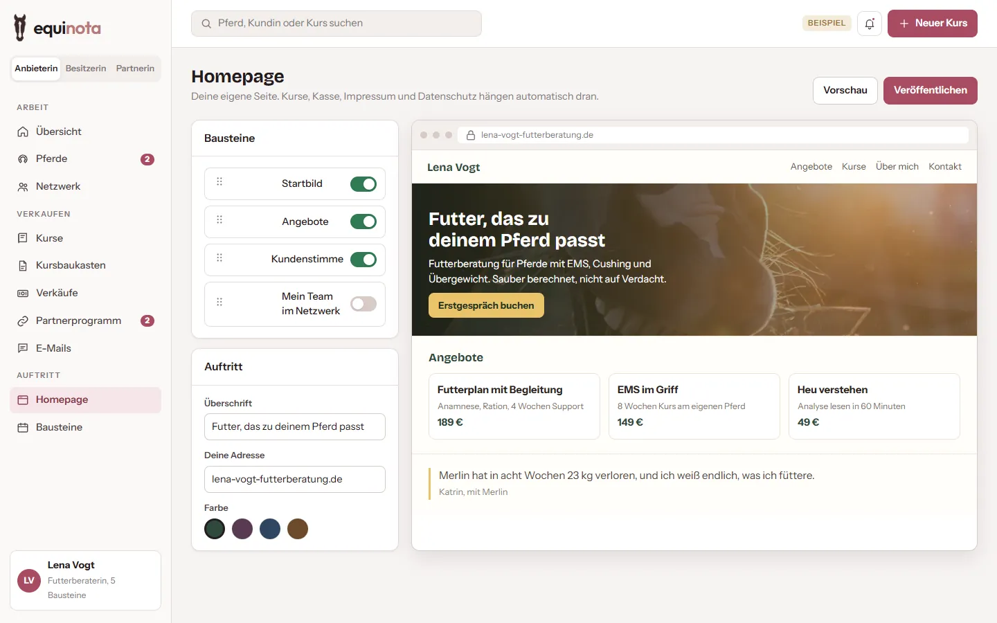 Homepage in EquiNota, Entwurf